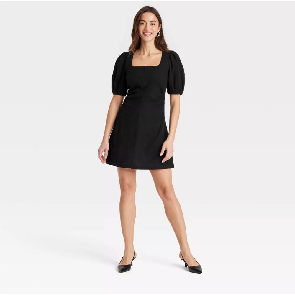 A New Day Women's Black Linen Short Puff Sleeve Mini Sundress Size 16